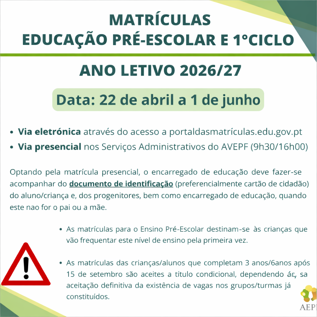 Matrículas para Educação Pré-Escolar e 1.º Ciclo – Ano Letivo 2026/27