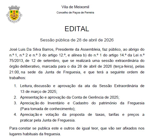 Assembleia sessão extraordinária para 28 de abril