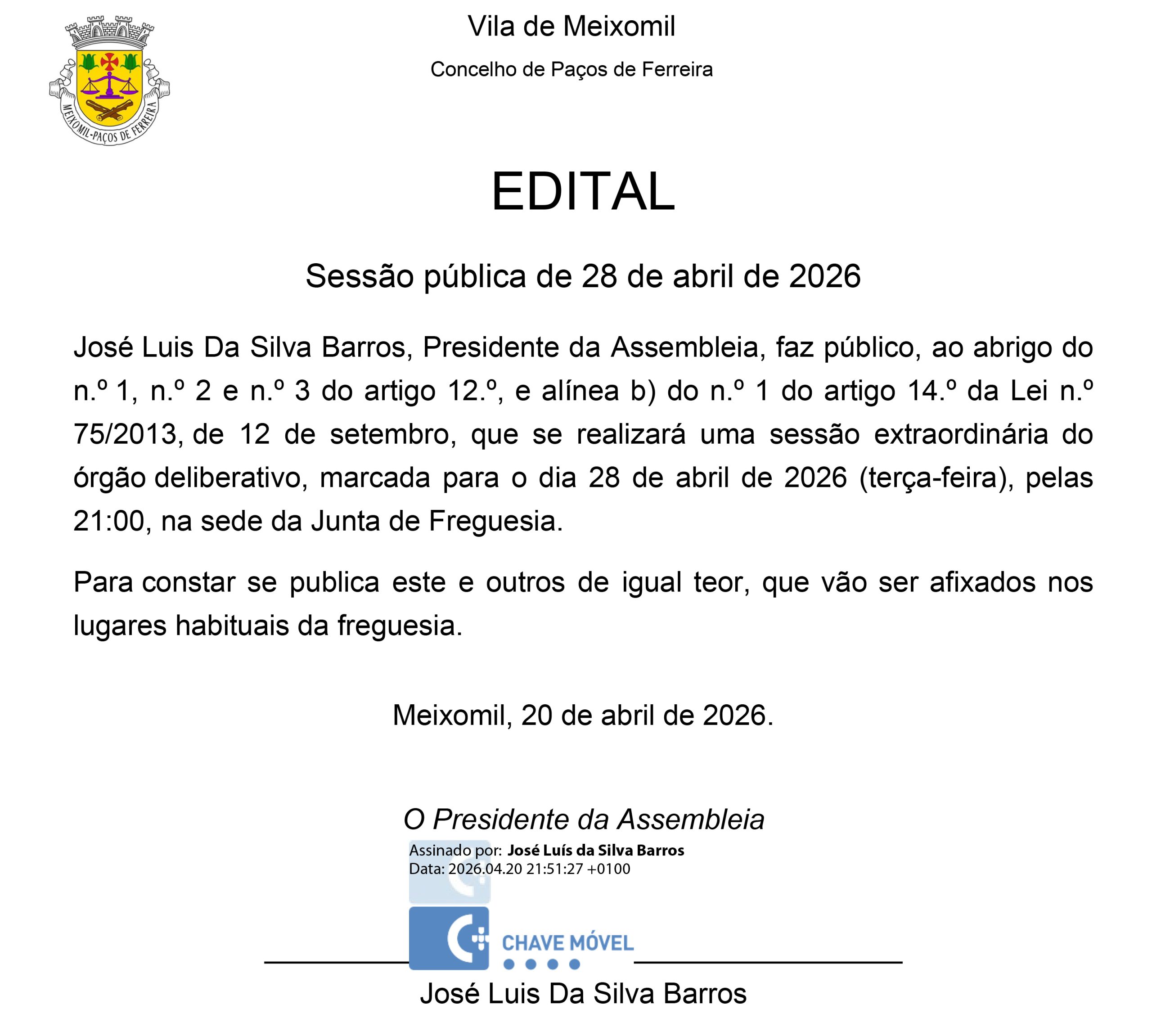 Sessão Extraordinária da Assembleia de Frefuesia