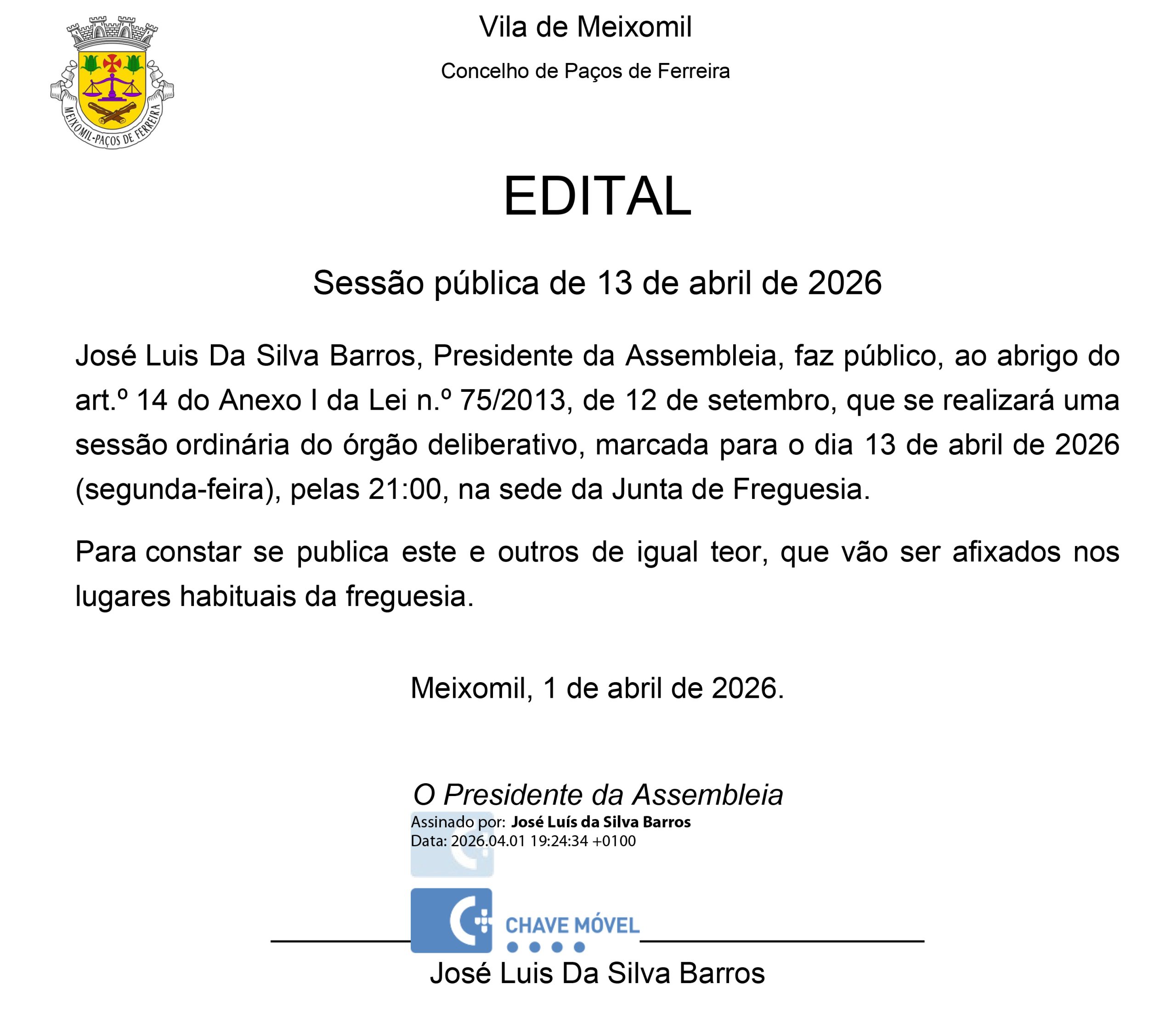 Sessão ordinária da Assembleia de Freguesia marcada para 13 de abril