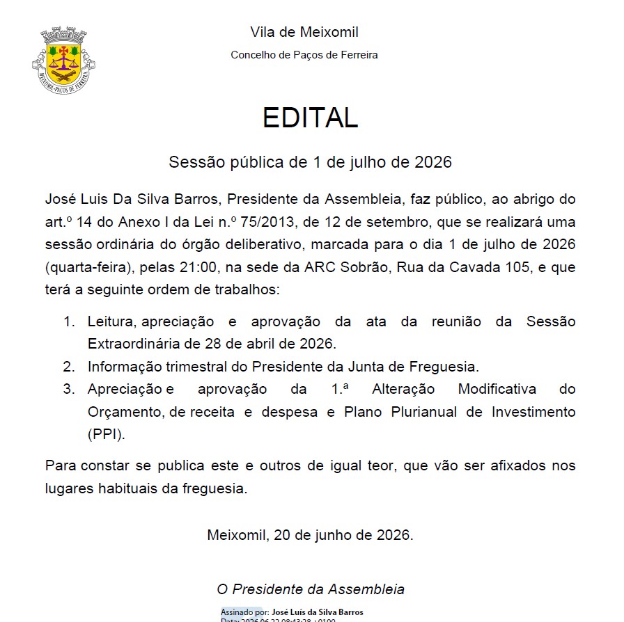 Assembleia sessão ordinária para 1 de julho